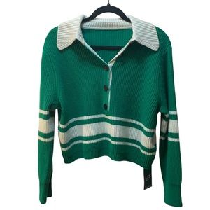 LIT ACTIVEWEAR Green Striped Collared V-neck Open Knit Sweater Hoodie NWT